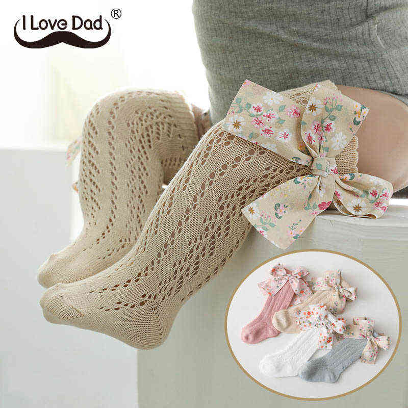 

Cute Bows Baby Socks Summer Mesh Breathable Kids Girl Knee Stockings Flower Printed Hollow Children Toddler Long Socks J220622, Blue