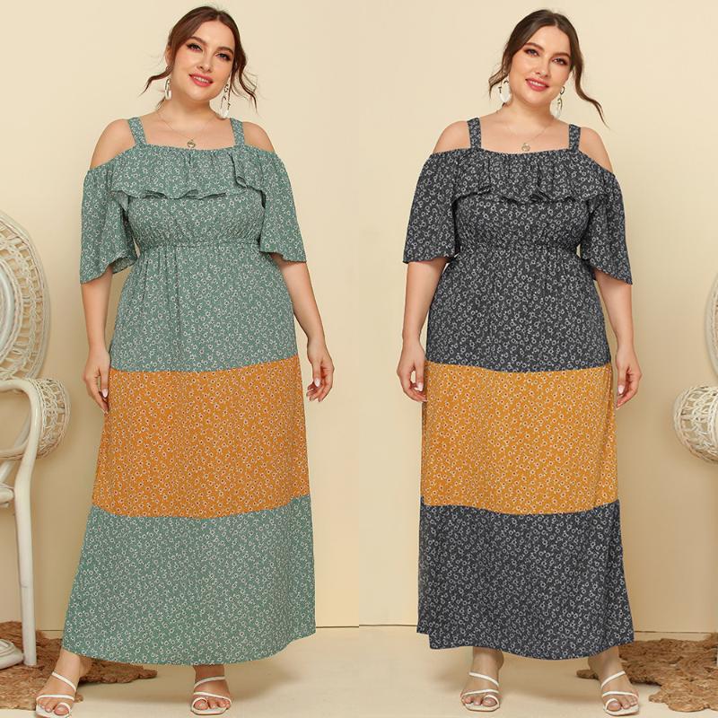 

Plus Size Dresses Women Clothing 2022 Summer Temperament Suspenders Lotus Leaf Edge Contrast Color Loose Floral DressPlus, Black