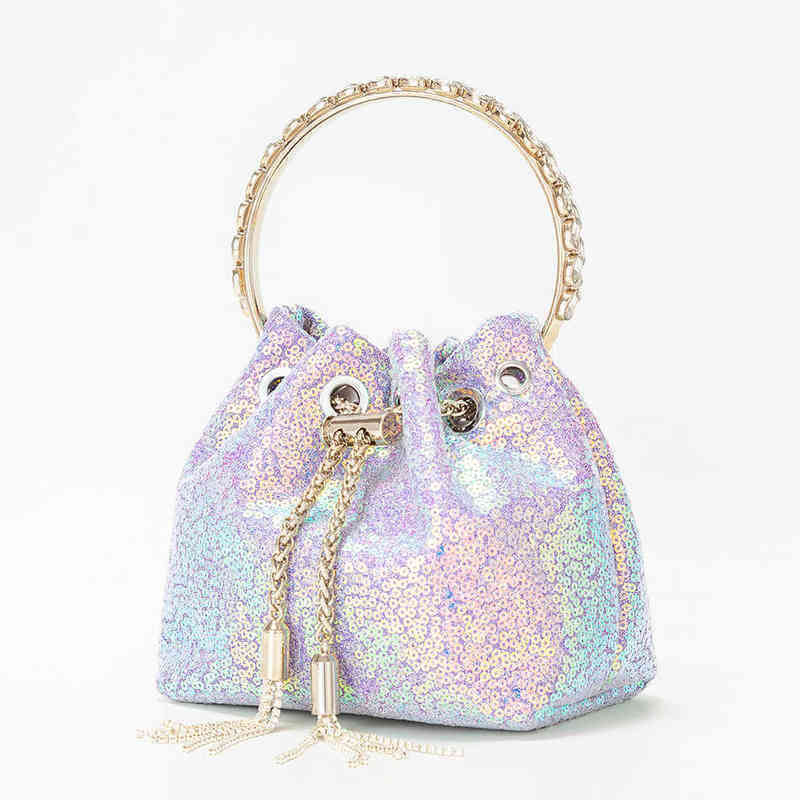 bags Color Shiny Sequin Bucket Handbags Women Luxury Trendy Tassel Crystal Metal Ring Handle Blue Clutch Purse Wedding Party 220609