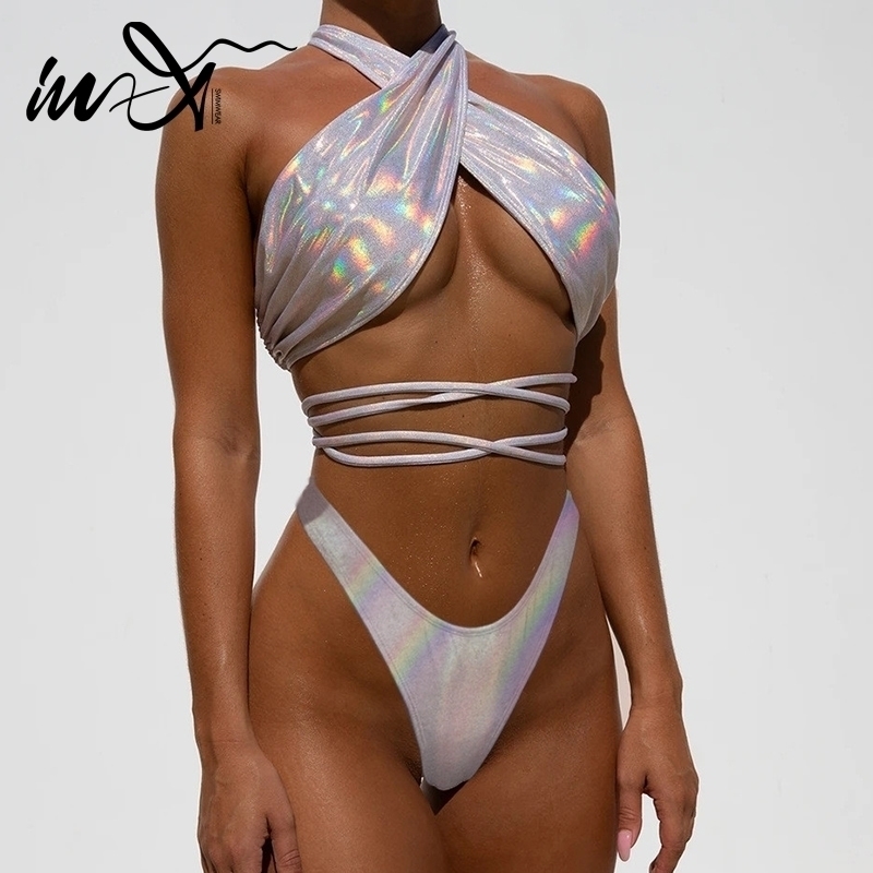 

InX Silver sexy bikini set Halter swimsuit female bandage swimwear women Summer bather High cut bikini Cross strap biquini Y200319, X20sw3012-1