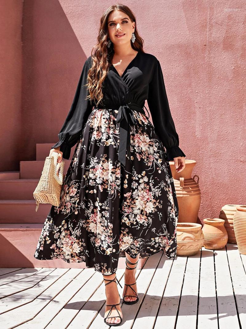 

Plus Size Dresses Summer Dress 2022 Women V Neck Long Sleeve Floral Print Patchwork Casual High Waist Maxi Boho Jasp22, Beige