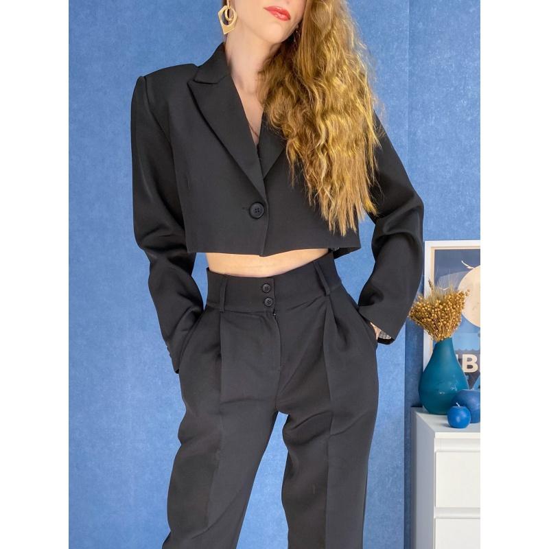 

Women' Two Piece Pants Fashionable Street Suit Temperament Short Waistless Jacket Slim High Waist Drape PantsWomen, Black trousers alone