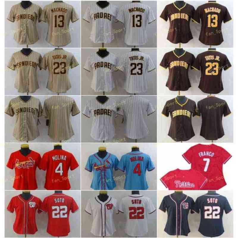 

Women 13 Manny Machado Baseball Jerseys 23 Fernando Tatis 4 Yadier Molina 22 Juan Soto 7 Franco Ladies Stitched Brown White Red Blue Size S-2XL
