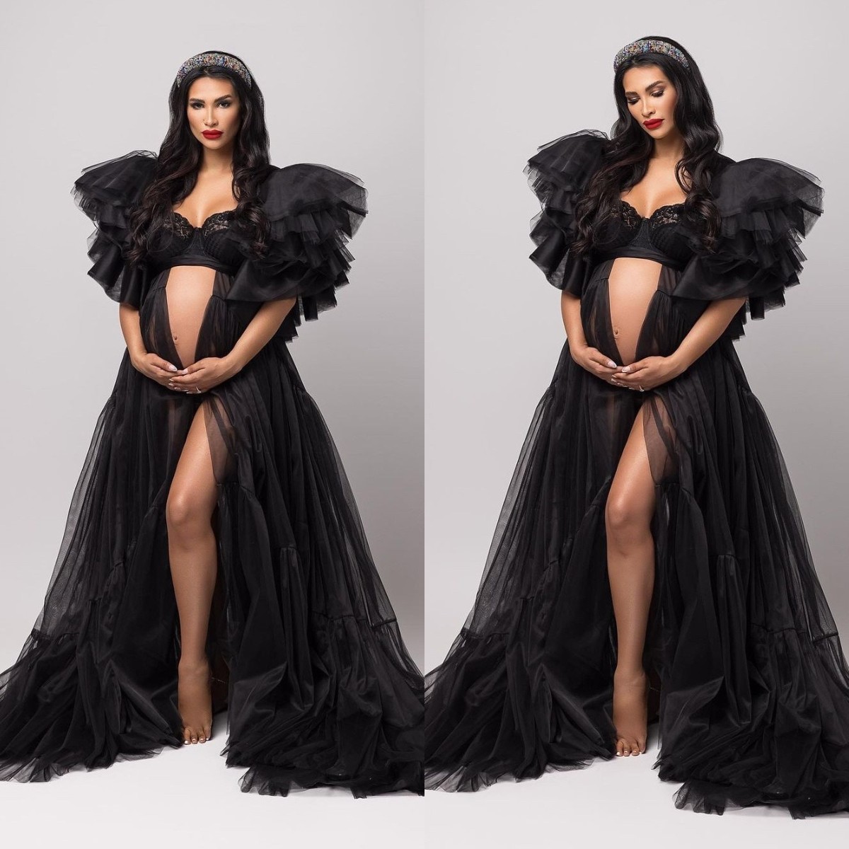 

Black Prom Dresses Ruffle Cap Sleeve Baby Shower Gowns vestido de novia Long Maternity Photoshooting Dress, Red