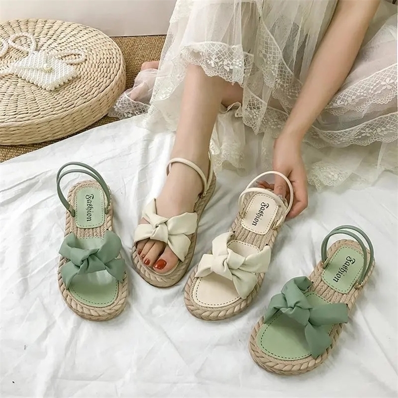 

Ladies Sweet Bowknot Sandals Women Summer Casual Beach Candy Color Flat Shoes Cute Leather Nonslip Green White Slippers 220616