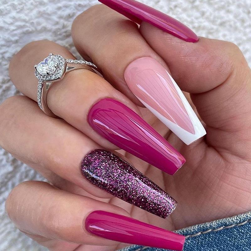 

False Nails Nail Art 24pcs Long Trapezoidal Wearable French V Deep Pink Jump Color Glitter Fake Full Cover Press On Prud22, 36