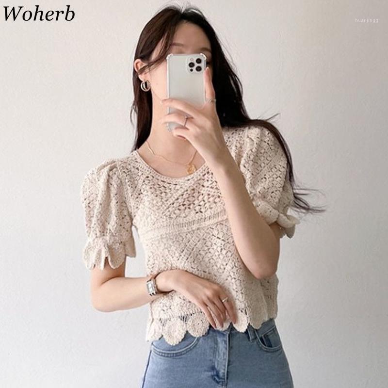

Women's Blouses & Shirts Woherb Sexy Crochet Hollow-out Blouse Women Summer 2022 See Through Tops Casual All Match Puff Sleeve Shirt Ruffle, Apricot