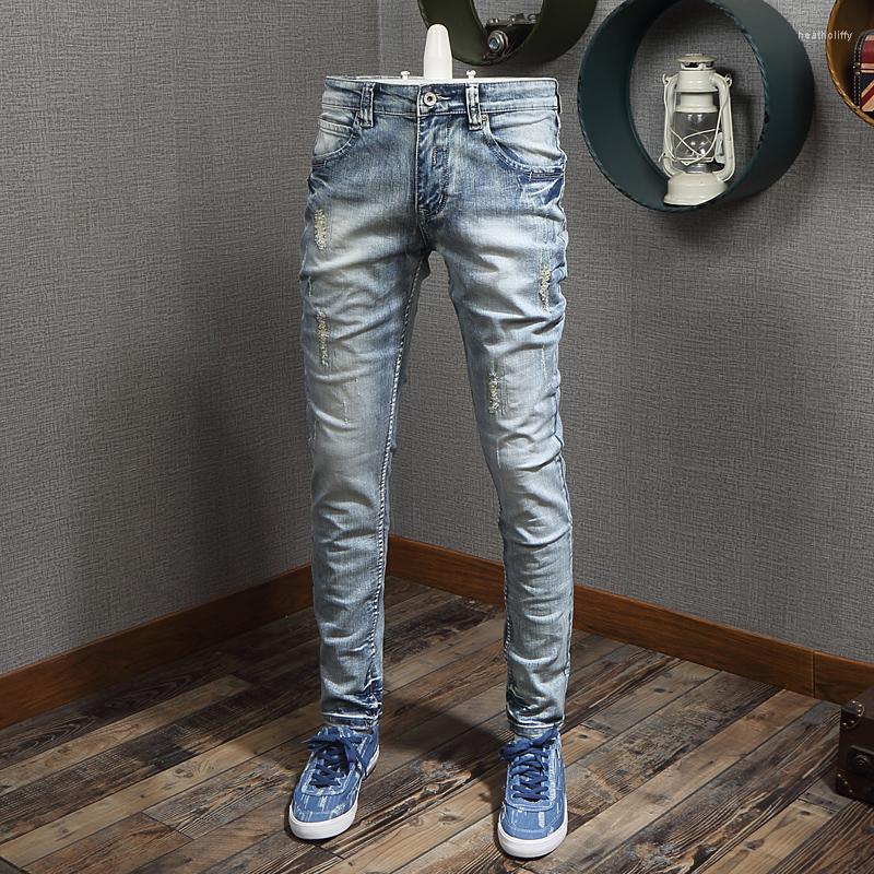 

Men's Jeans Italian Style Fashion Men Light Blue Destroyed Patchwork Ripped Elastic Denim Pants Slim Fit Hip Hop HommeMen's Heat22