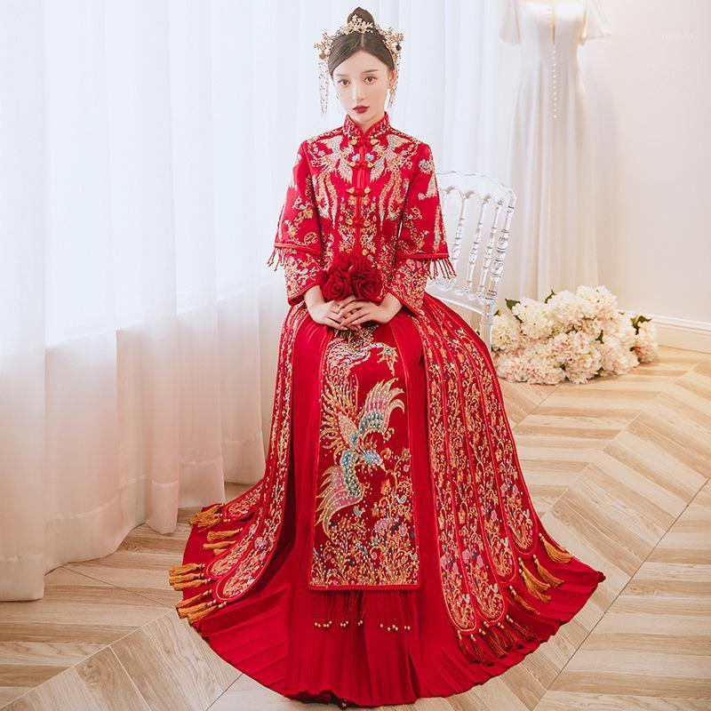 

Ethnic Clothing Traditional Refined Stylish Marry Banquet Cheongsam Retro Chinese High Quality Phoenix Embroidery Bride Groom Wedding Dress