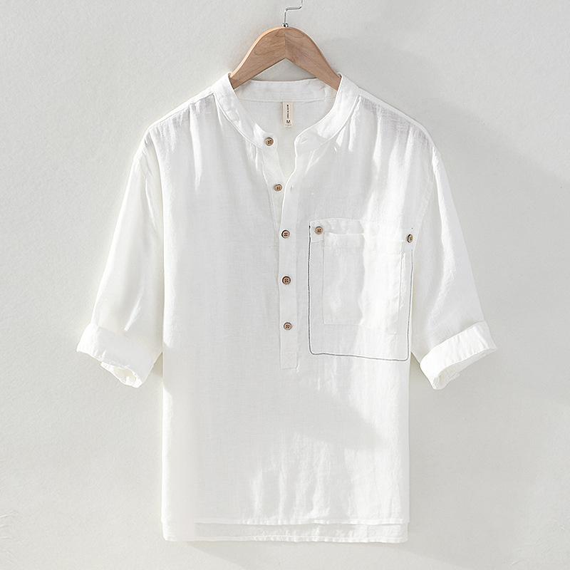 

Men's Casual Shirts Summer Spring Men Linen Three-quarter Sleeve Shirt Breathable Thin Loose Mandarin Collar Henley ShirtsMen's, Black