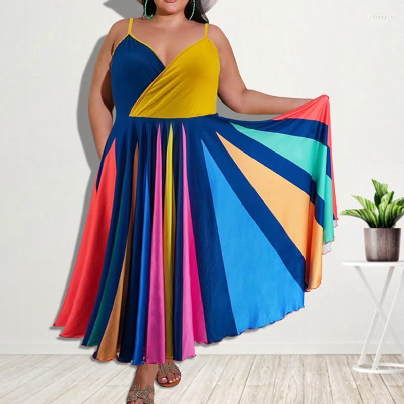 

Plus Size Dresses Dress Women Colorful Striped High Waist Female Vestiods Summer African Curve Big Spaghetti Strap Long Maxi Robe Echm22, Yellow
