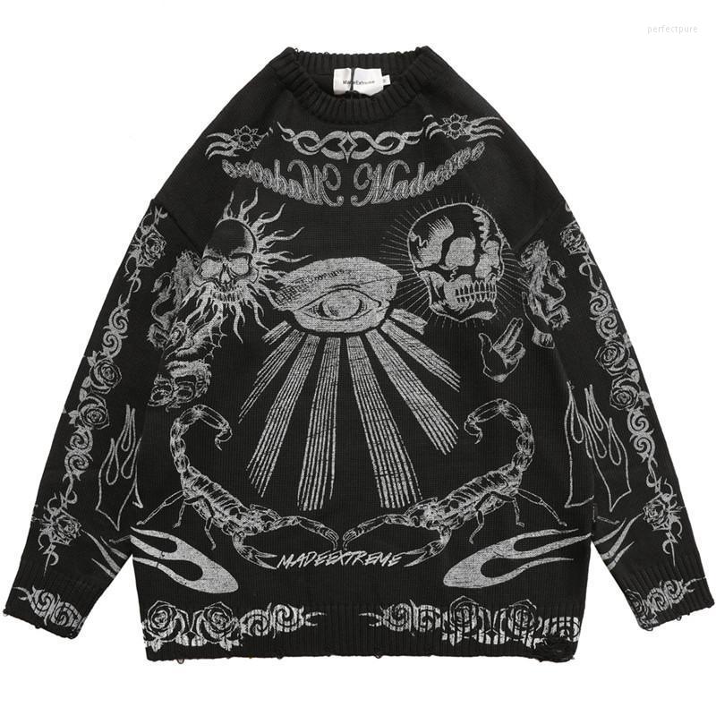 

Men's Sweaters Hip Hop Streetwear Sweater Men Oversized Skull Printed Vintage Pullover Knitted Gothic Punk Jumper Skeleton Fashion Perf22, Red