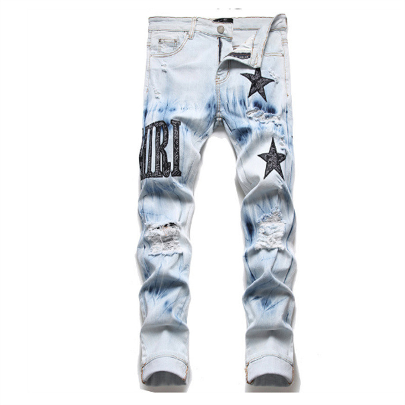 Men's Jeans European Jean Hombre Letter Star Men Embroidery Patchwork Ripped For Trend Brand Motorcycle Pant Mens Skinny 28-38