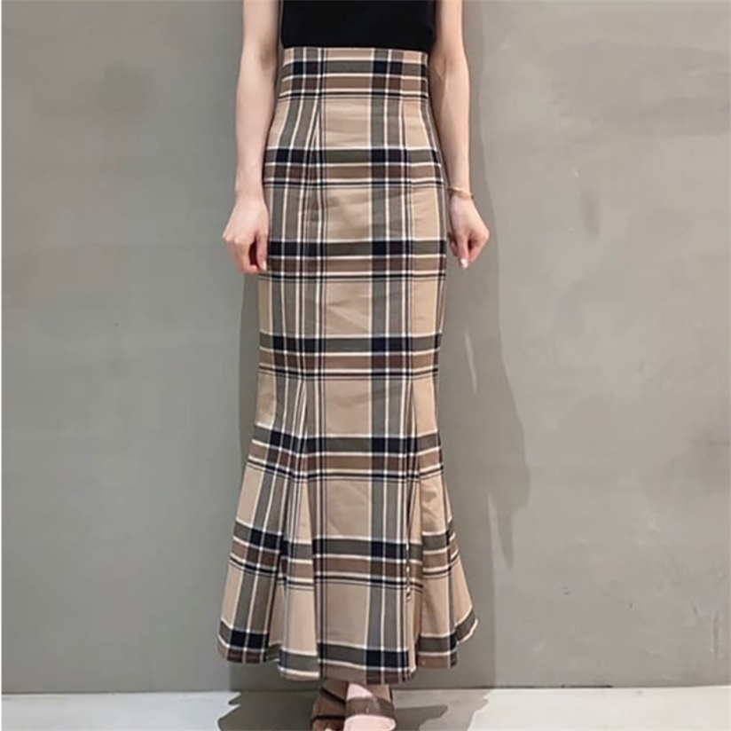 

Kuzuwata High Waist Plaid Buttocks Side Split Mermaid Skirts Japan Style Temperament Elegant Jupe Autumn Women Faldas 220322, Black
