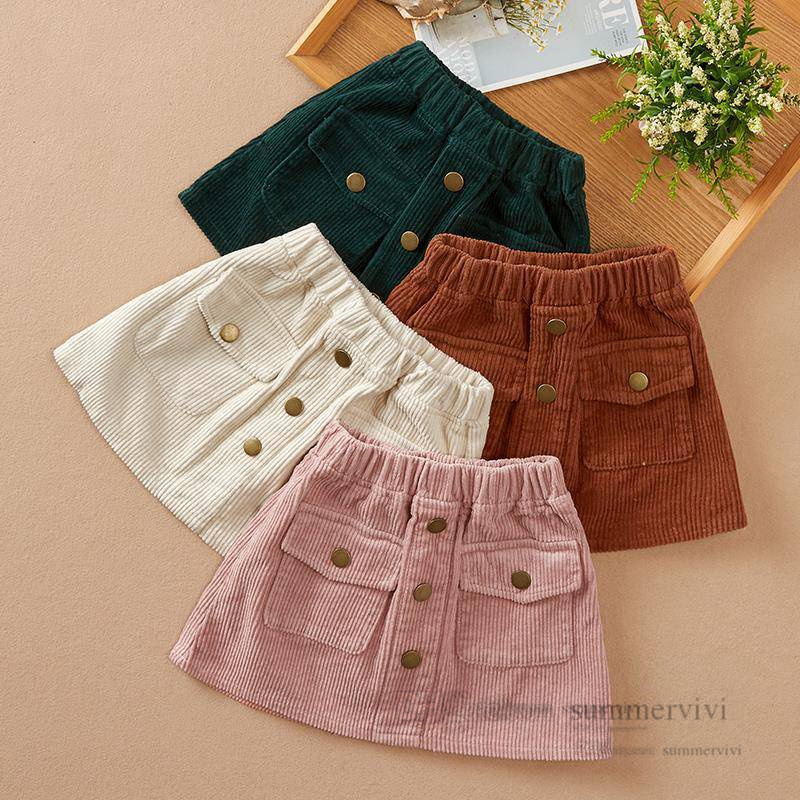 

Girls vertical stripe corduroy skirt kids single breasted high waist skirts 2022 autumn children all-matching clothing Q8101, Caramel