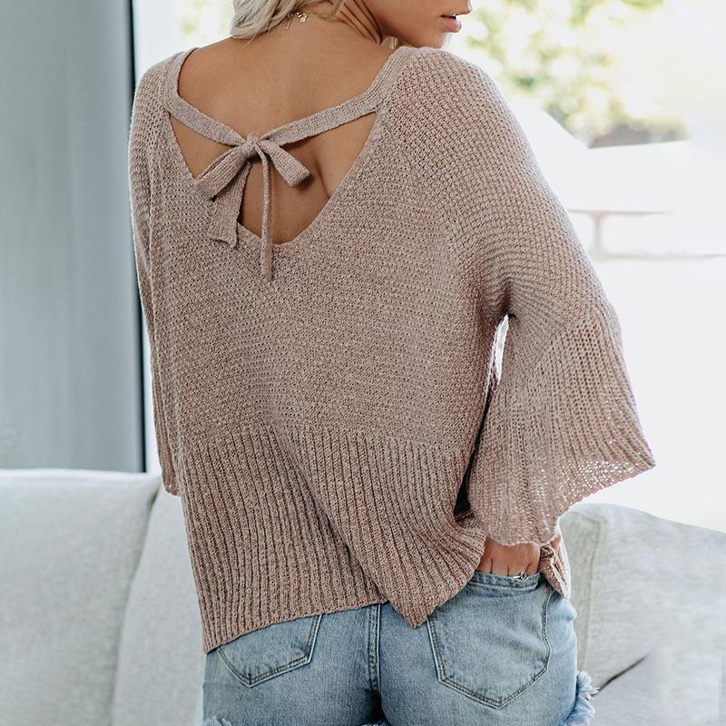 

Women' Sweaters Backless Lace Up Pullovers Women Flare Sleeve Loose Thin Sweater Womens Knitting Sexy Pullover 2022Women, Khaki