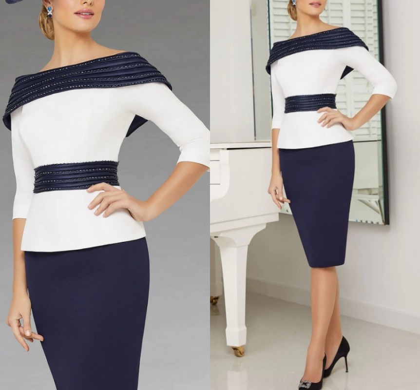 

Dark Navy Sheath Short Mother Of The Bride Dress Elegant Jewel Neck Knee Length Satin Beading Women Avondjurken Formal Party Gowns Robe De Soriee