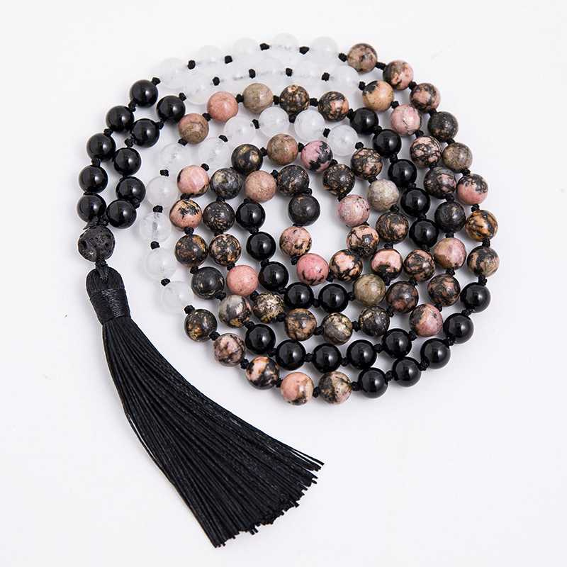 

Pendant Necklaces Mala Beaded Necklace 8mm Rhodolite Black Onyx White Jade Knotted Jalamala Jewelry Meditation Yoga Prayer Rosary For WomenP
