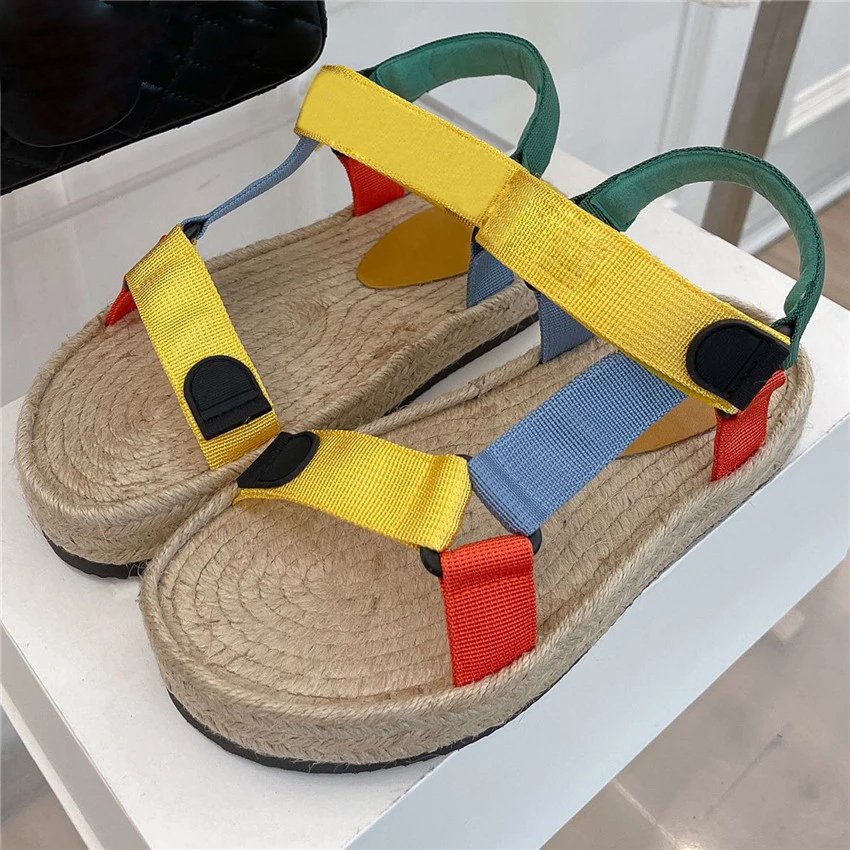 

Luxury Straw Braid Flat Platform Women Sandals Summer Ladies Beach Sandals Holiday Shoes Colorful Nylon Band Girl's Bohemian Shoes, As pic