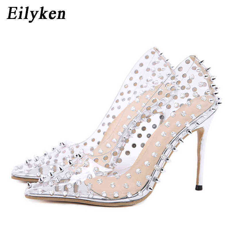 

Sandals Rivet Pvc Transparent Pumps Heel Stilettos High Heels Point Toes Womens Party Shoes Nightclub Stripper 220232, Silver