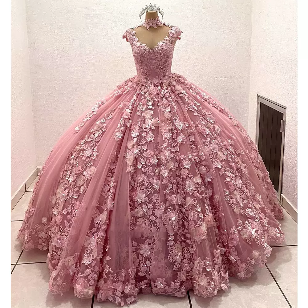 

Dusty Pink Quinceanera Dresses Luxury Ball Gown Gold 3D Floral Lace Applique Beaded High Neck Pageant Formal Dress Sweet 16 Birthday Party Prom Gowns, Yellow