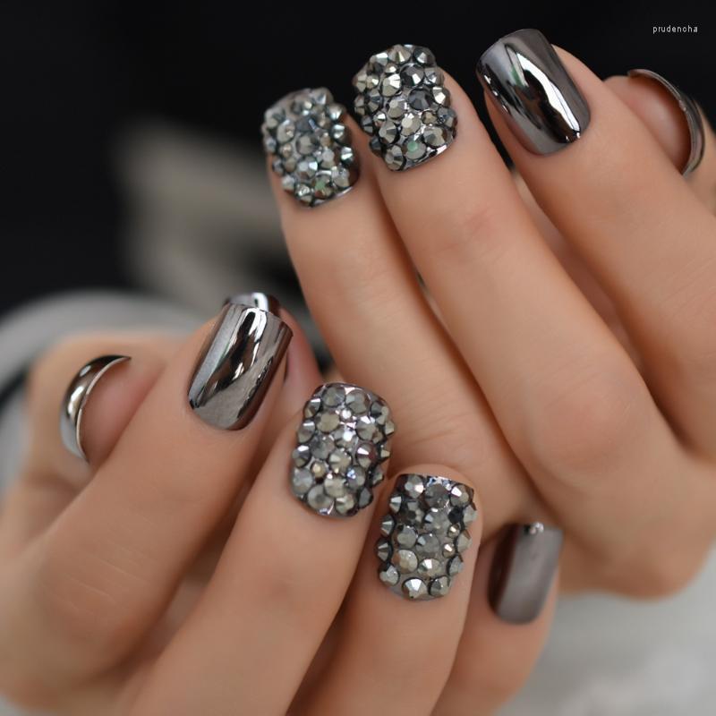 

False Nails Gun-color Rhinestone Short Fake Nail Mirror Shining Artificial Round Designer Party Sexy Acrylic Tips 24 PCS Prud22, L5538