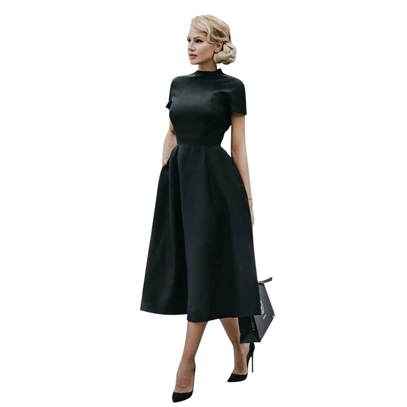 

Women Elegant Black Shirt Dress Half High Collar Waist A-Line es Slim Fit Midi Office Lady Female Solid Vestidos 220418