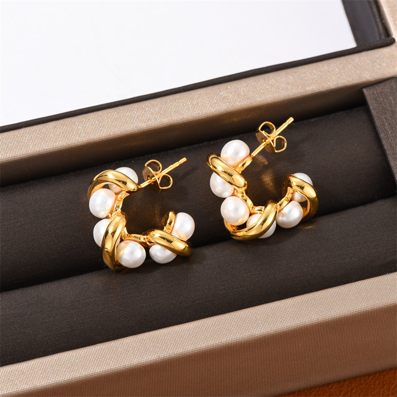 2022 Nouvelle perle torsadée corde Double couche boucles d'oreilles femme tempérament français Simple personnalité géométrique en forme de C bijo