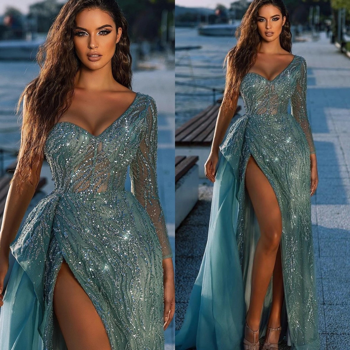 

Sparkly Mermaid Prom Dresses With Detachable Train Evening Dress Custom Made One Shoulder Long Sleeves Beading Sweep Train Celebrity Party Gown, Silver