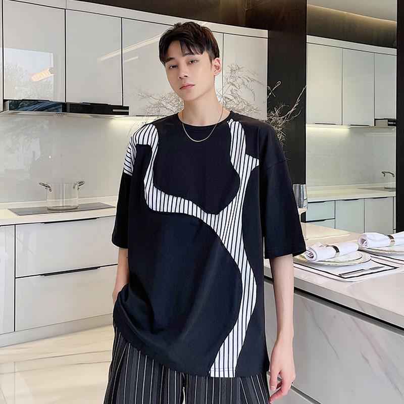 

Men's T-Shirts Men's Stripe Splice Japan Korean Loose Short Sleeve T-shirt Harajuku Menswear Male Top Tee Streetwear Hip Hop T Shirts Fo, 6121 black