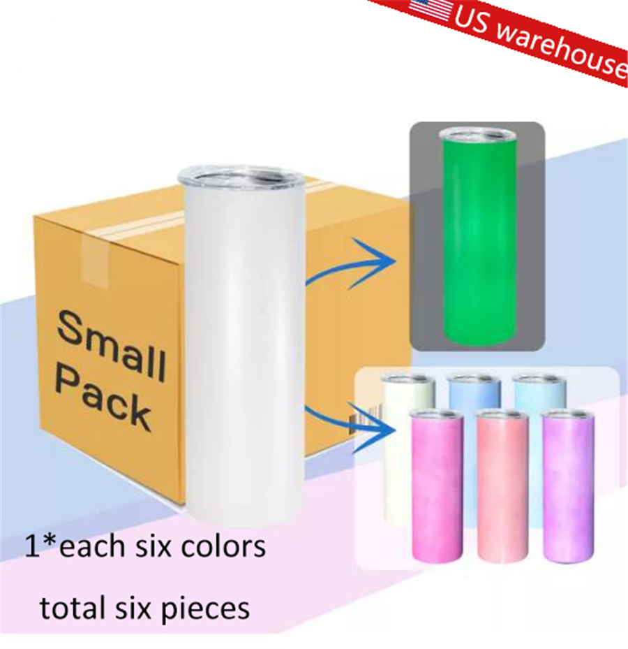 US warehouse Two Functions Tumbler Glow in the dark UV Color Changing 20oz Sublimation Tumbler Stainless Steel Straight Skinny Tumbler with Straws Small Pack