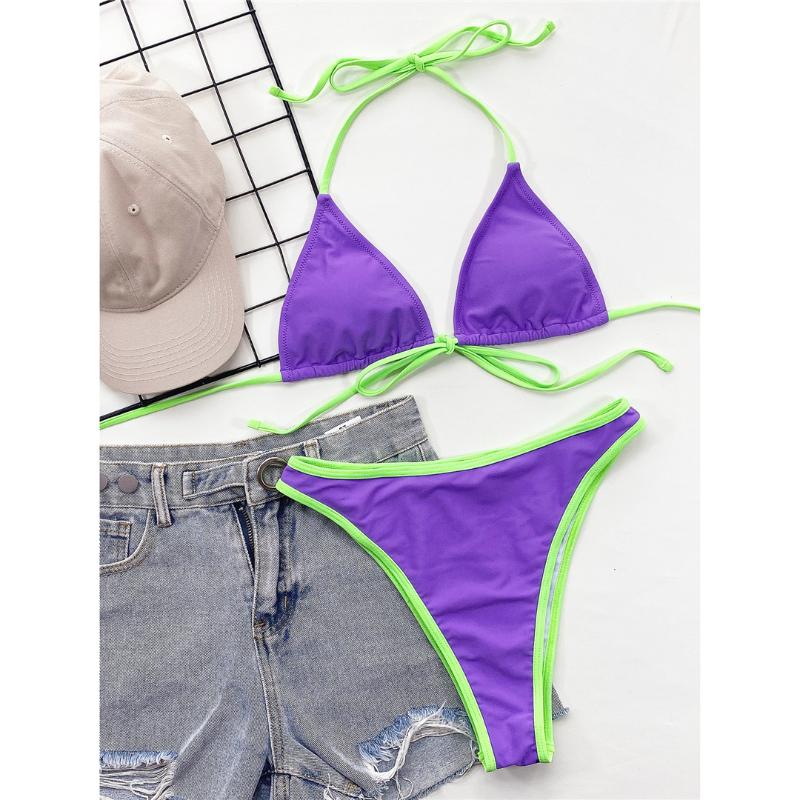 

Women' Swimwear Sexy Halter Mid Waist Bikini Women Female Swimsuit Two-pieces Set Splicing Bather Bathing Suit Swim K3140, Purple