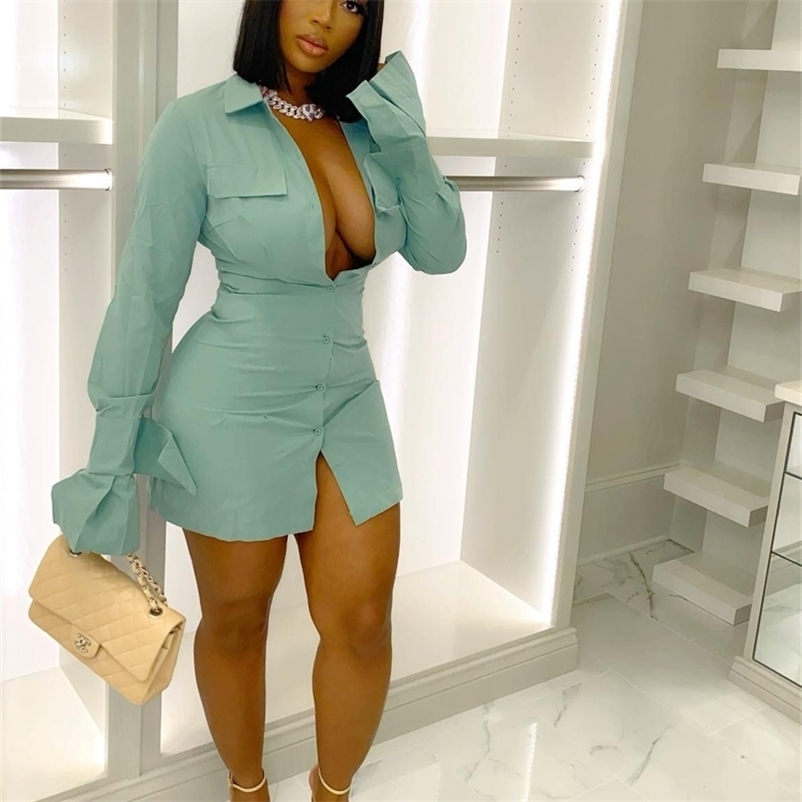 

CM YAYA Women Single Breasted Turn down Neck Shirt Style A line Bodycon Long Sleeve Dress 220614, Light blue