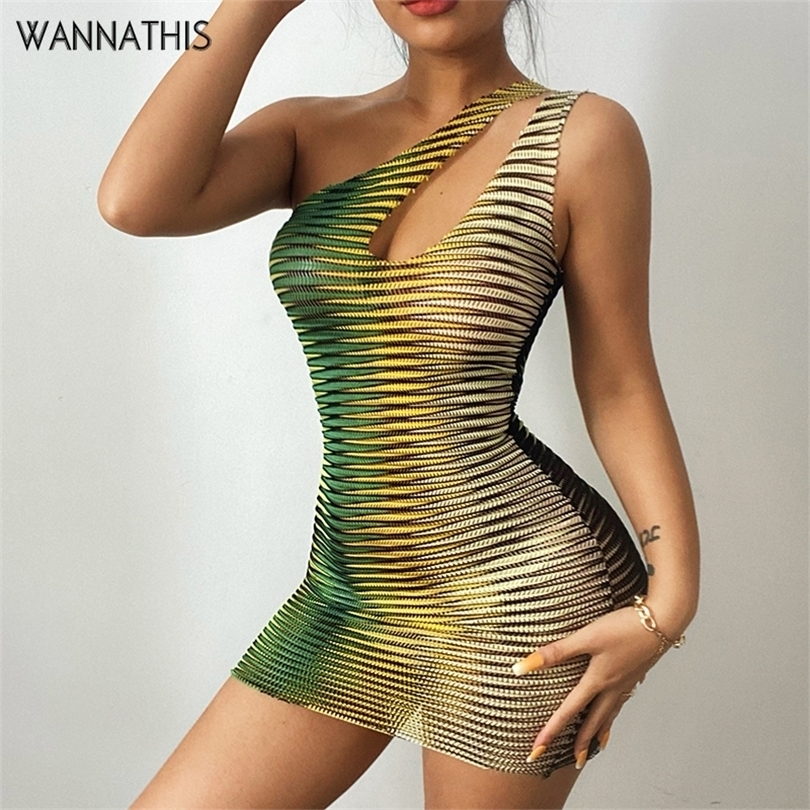 WannaThis Stripe Hollow Out Mini Dress Women Sleeveless Bodycon Green One Shoulder Sexy Party Vestidos Women Green Dresses 220607