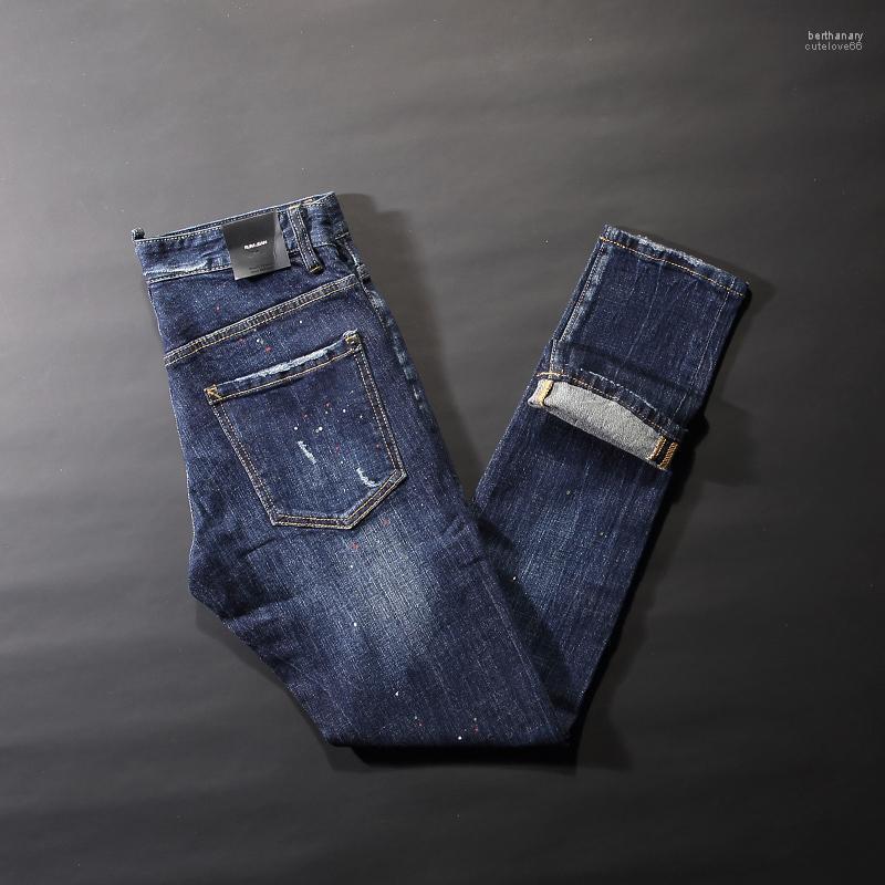 

Men's Jeans Street Style Fashion Men Retro Blue Elastic Slim Fit Frayed Scratch Ripped Vintage Designer Casual Denim Pants Bert22
