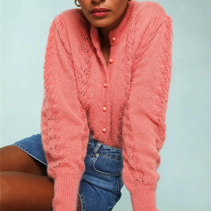 

Women's Knits & Tees Solid Color Knitted Cardigan Women Wool And Mohair Blends Sweet Hollow Out Jumper O-neck Long Sleeve Sweater 2022 Early, Green