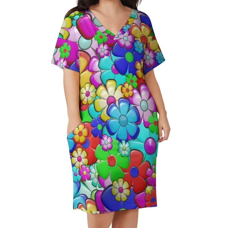 

Plus Size Dresses Bright Flower Power Casual Dress Female Vintage 70S Print Spring V Neck Street Wear Graphic 5XLPlus, Style-1