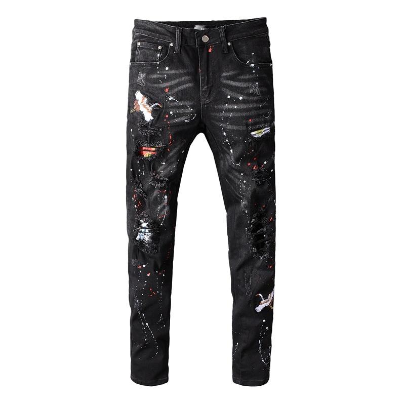 

Men's Jeans Men's Male Black Bird Embroidered Painted Ripped Streetwear Holes Patchwork Stretch Denim Pants Skinny Pencil TrousersMen's, As pic