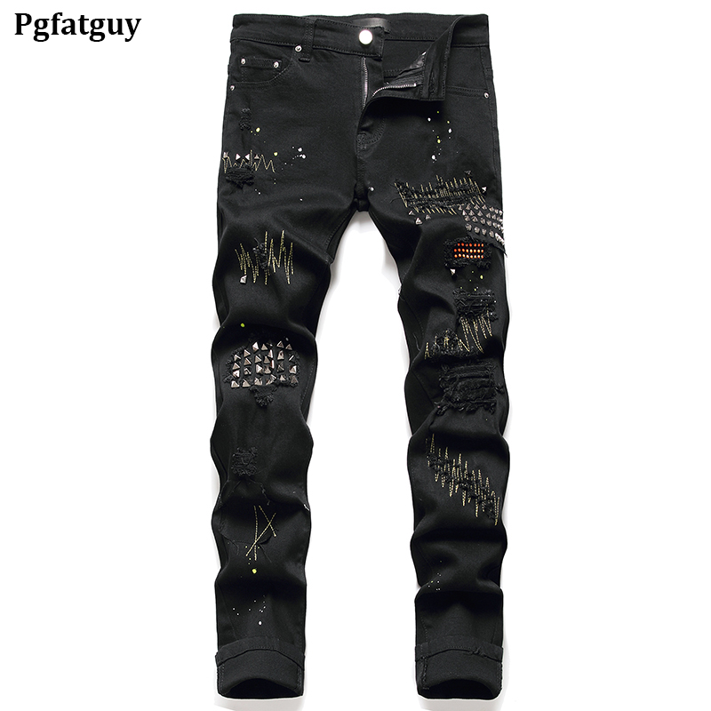 

2021 New Men's Rivet Ripped Black Jeans Pants Stretch Embroidery Denim Trousers Male Streetwear Willow Nails Mens Pants Biker Casual, 072