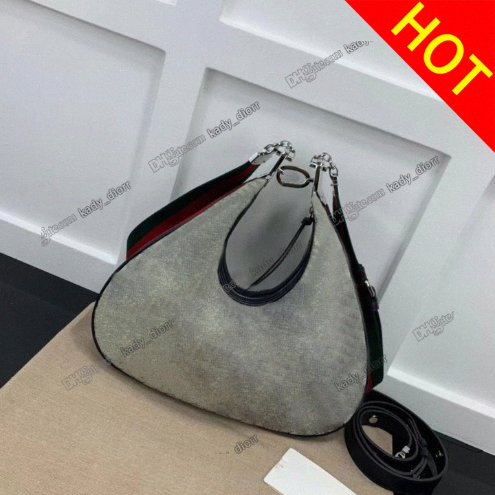 

Attache large shoulder bag Beige blue canvas crescent moon G shaped hook closure ebony Blue red Web trim additional leather strap Designer Luxury cros I46b#