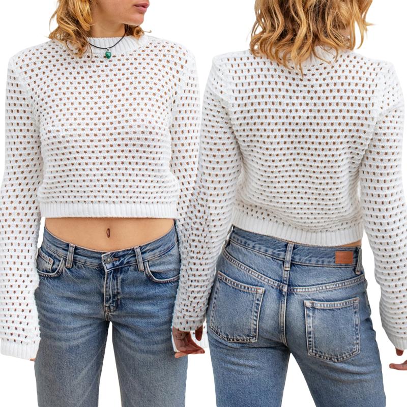 

Women' Sweaters Women Hollow-Out Sweater Basic Long Sleeve See Through Round Neck Shirt Tops PulloverWomen, Black