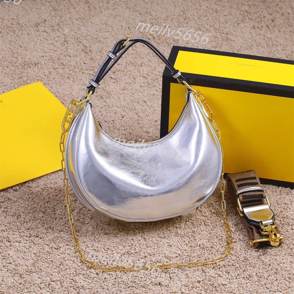 

5A top women's handbag designer crescent shoulder bag small French bread armpit bag leather letters, White