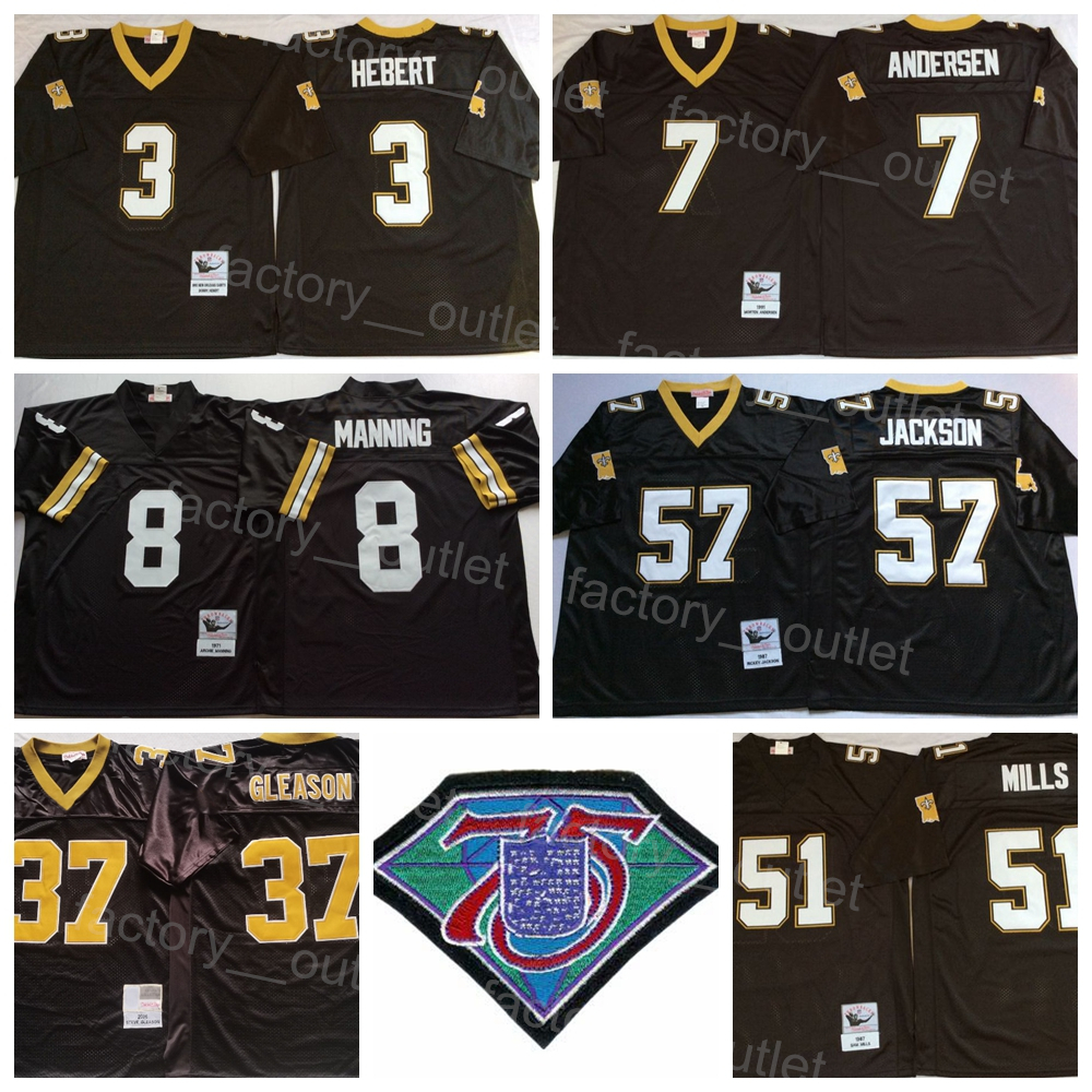 

Throwback Football Mitchell and Ness 57 Rickey Jackson Jersey 75th 7 Morten Andersen 3 Bobby Hebert 51 Sam Mills 8 Archie Manning 37 Steve Gleason 1971 1987 1991 ncaa, Black