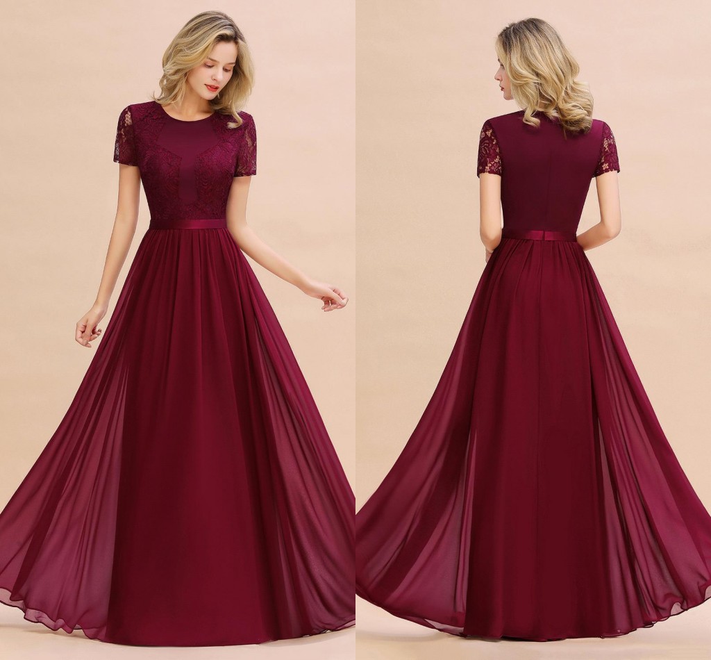 

Modest Burgundy Lace Chiffon Bridesmaid Dresses A Line Jewel Neck Cap Sleeve Formal Women Occasion Evneing Prom Gowns Mother Dress Custom Made BM0831