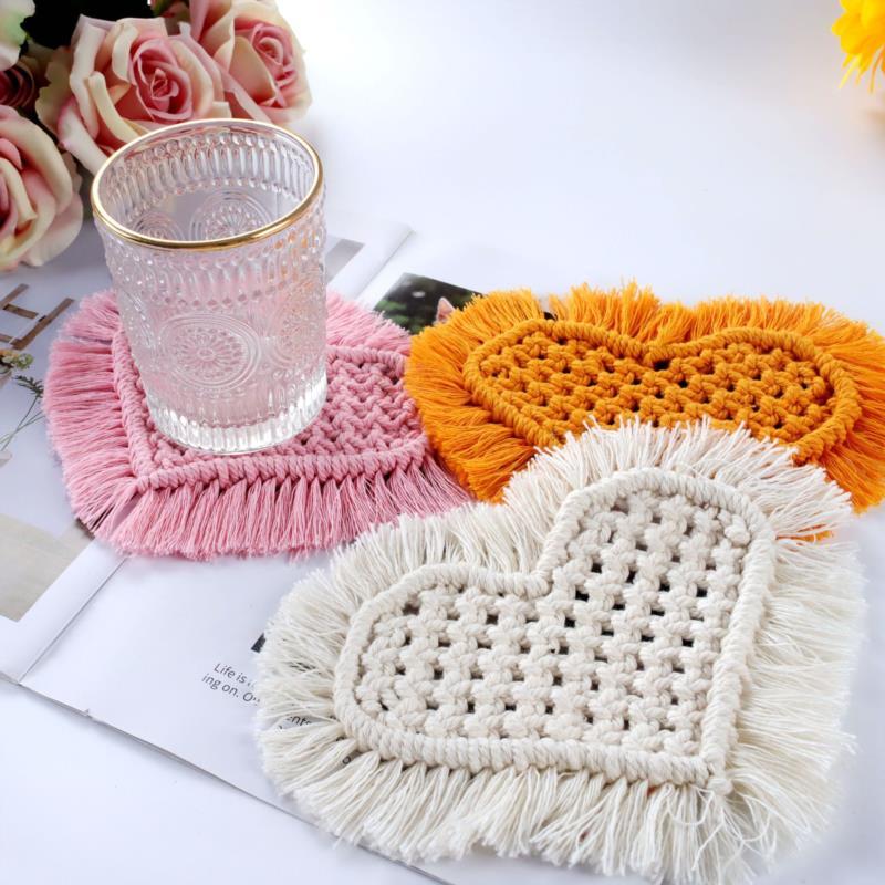 

Mats & Pads Bohemian Woven Dining Placemats Tea Mat Set Cotton Coffee Christmas Decor Heart Shaped Coasters Cup Table