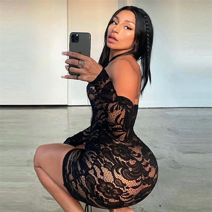 

Sexy Halter Cut Out Mesh Embroidery Mini Dress Women Backless Goth Black Bodycon Dresses Summer Harajuku Y2k Robe Vestidos 226014