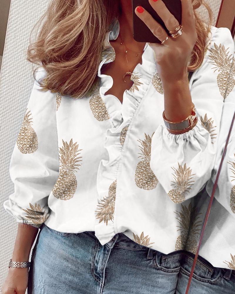 

Women' Blouses & Shirts 2022 Women Fashion Elegant Mock Neck Pineapple Casual Blouse Officewear Ruffle Print Long Sleeve Ruffles, White