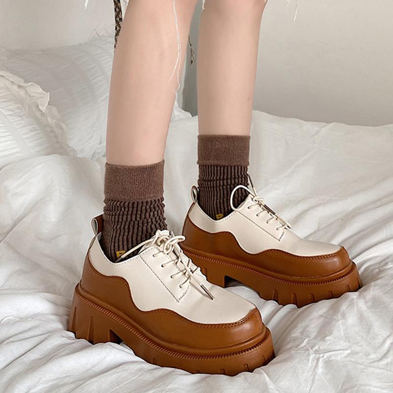 

Dress Shoes Women Platform Lolita Wedges British Style Color Matching On Heels Punk Thick Bottem Dad Casual Woman, Brownbeige