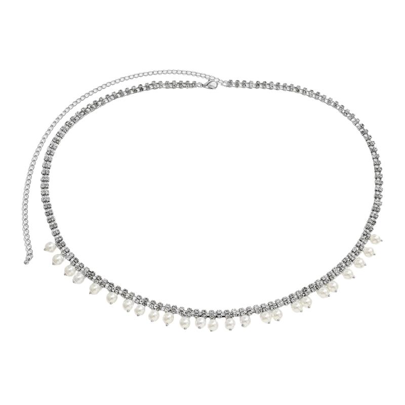 

Belts Rhinestones Pearls Waist Chain Belly Belt Bikini Body, Black