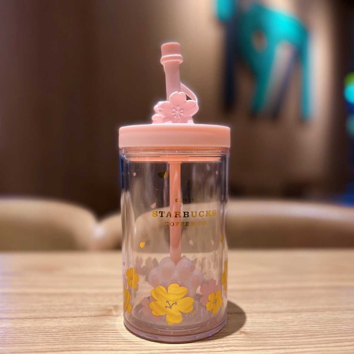 Starbucks cup 370ml Cherry Blossom suspension plastic straw cup cat claw floating ball creative drinking cup-image-759501309